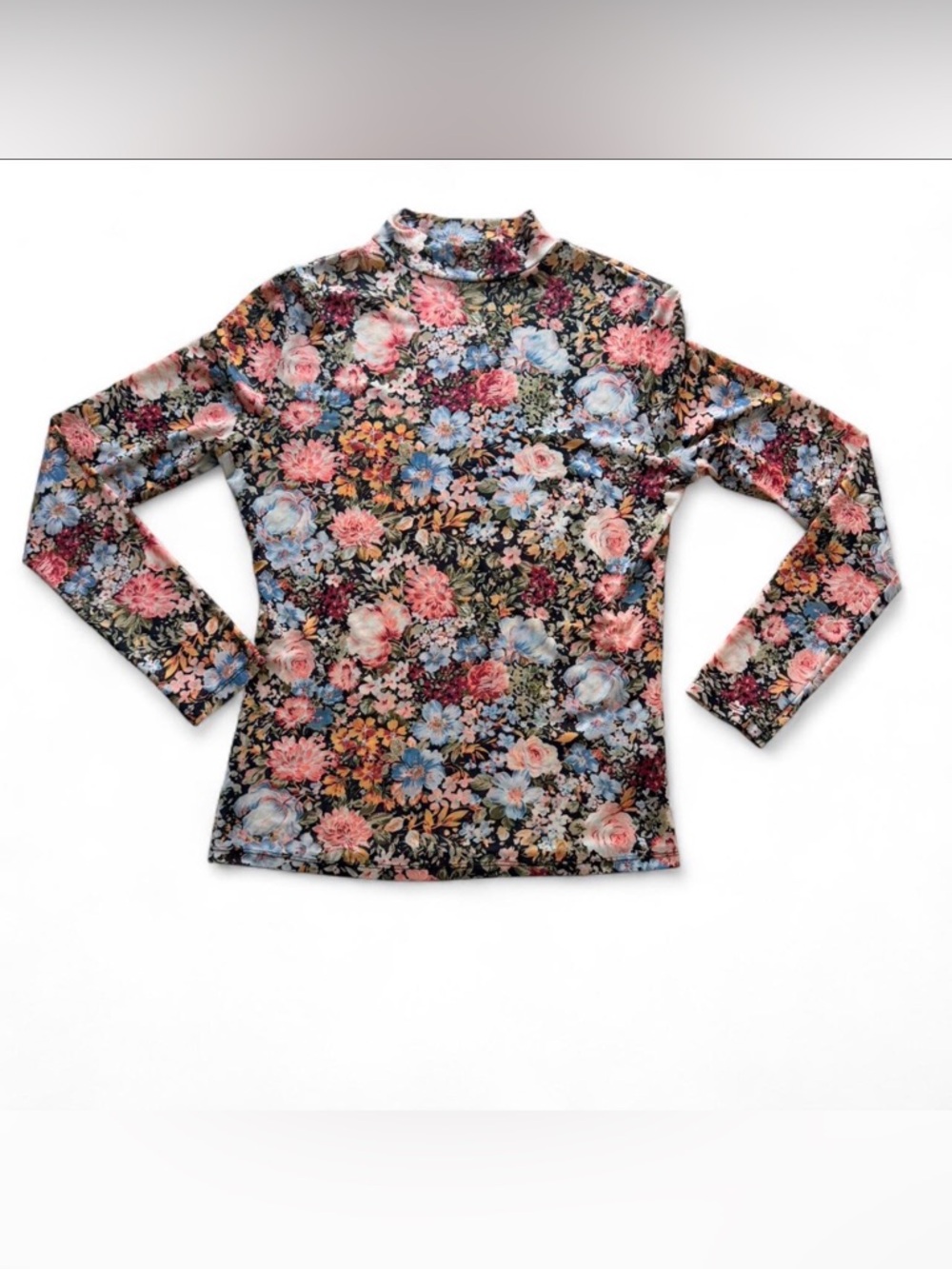 Floral Mock Neck Long Sleeve Top - Pink Blue Cream